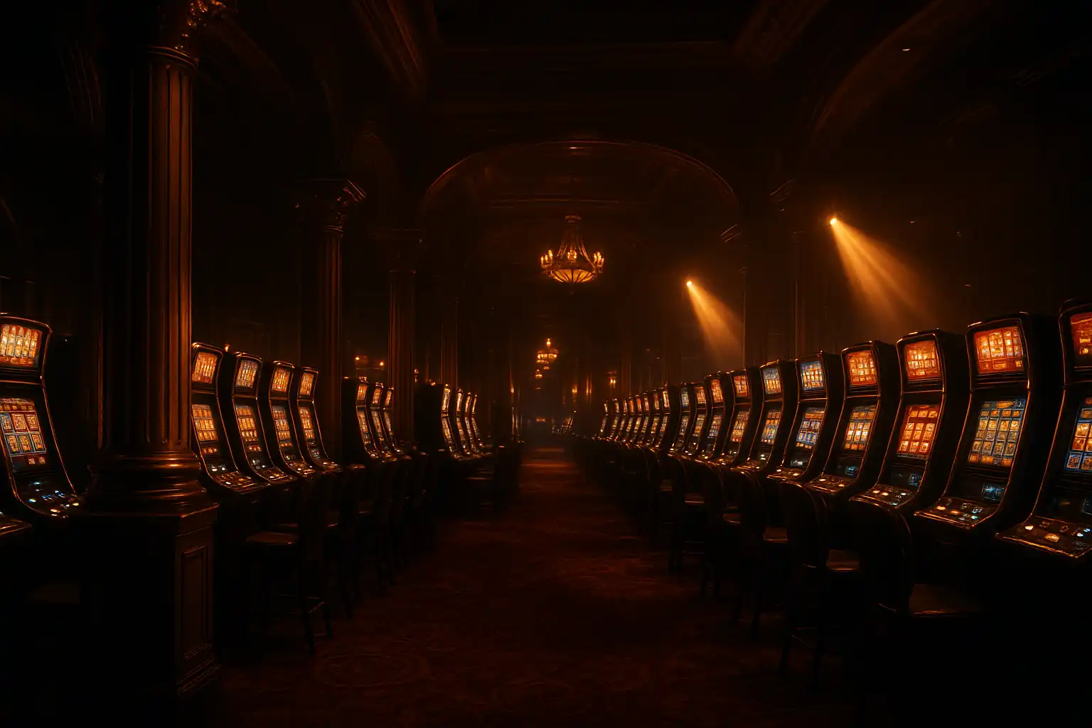 Sfeervolle torenzaal vol gokkasten en gouden lichten bij CrazyTower Casino